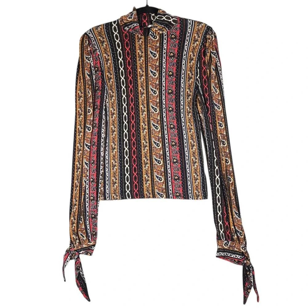 Free People Donatella Top Womens XS Paisley Stripe Mock Neck Tie Cuff Boho